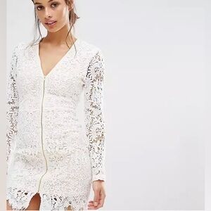 Missguided white Petite Zip Front Plunge Lace Mini Dress